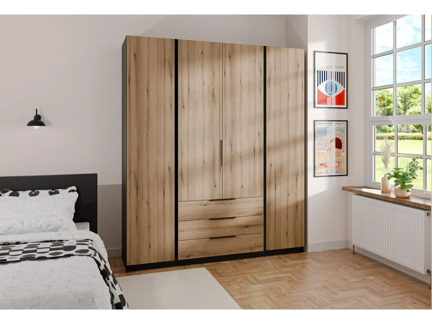 Kleiderschrank mit 3 Schubladen - 200 cm - Eiche/schwarz - KAJA