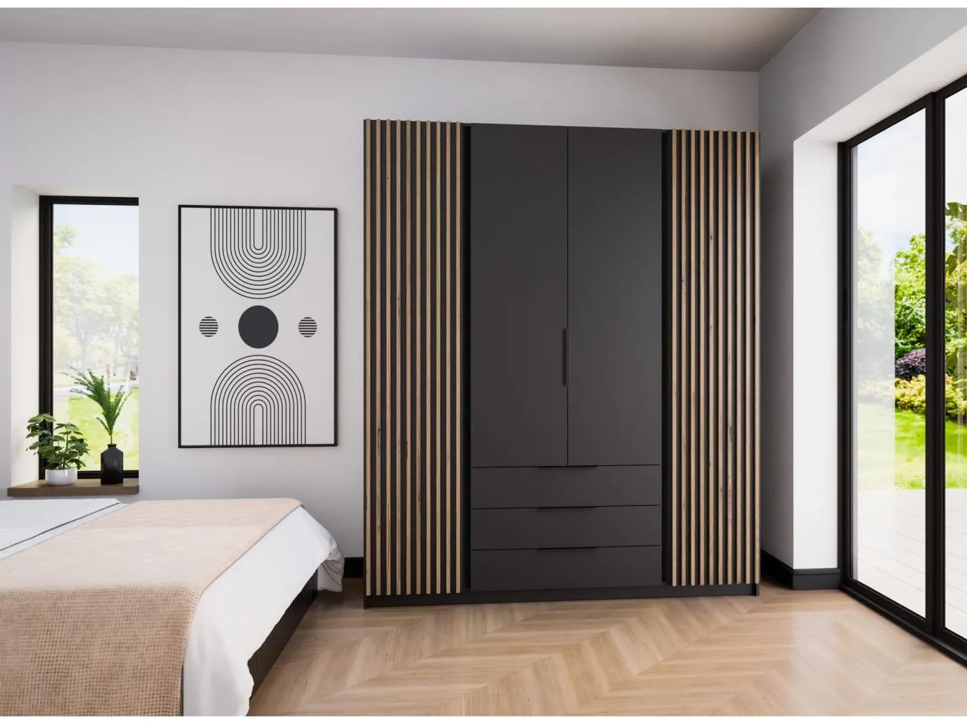 Kleiderschrank mit Lamellen und 3 Schubladen - 200 cm - schwarz - KAJA