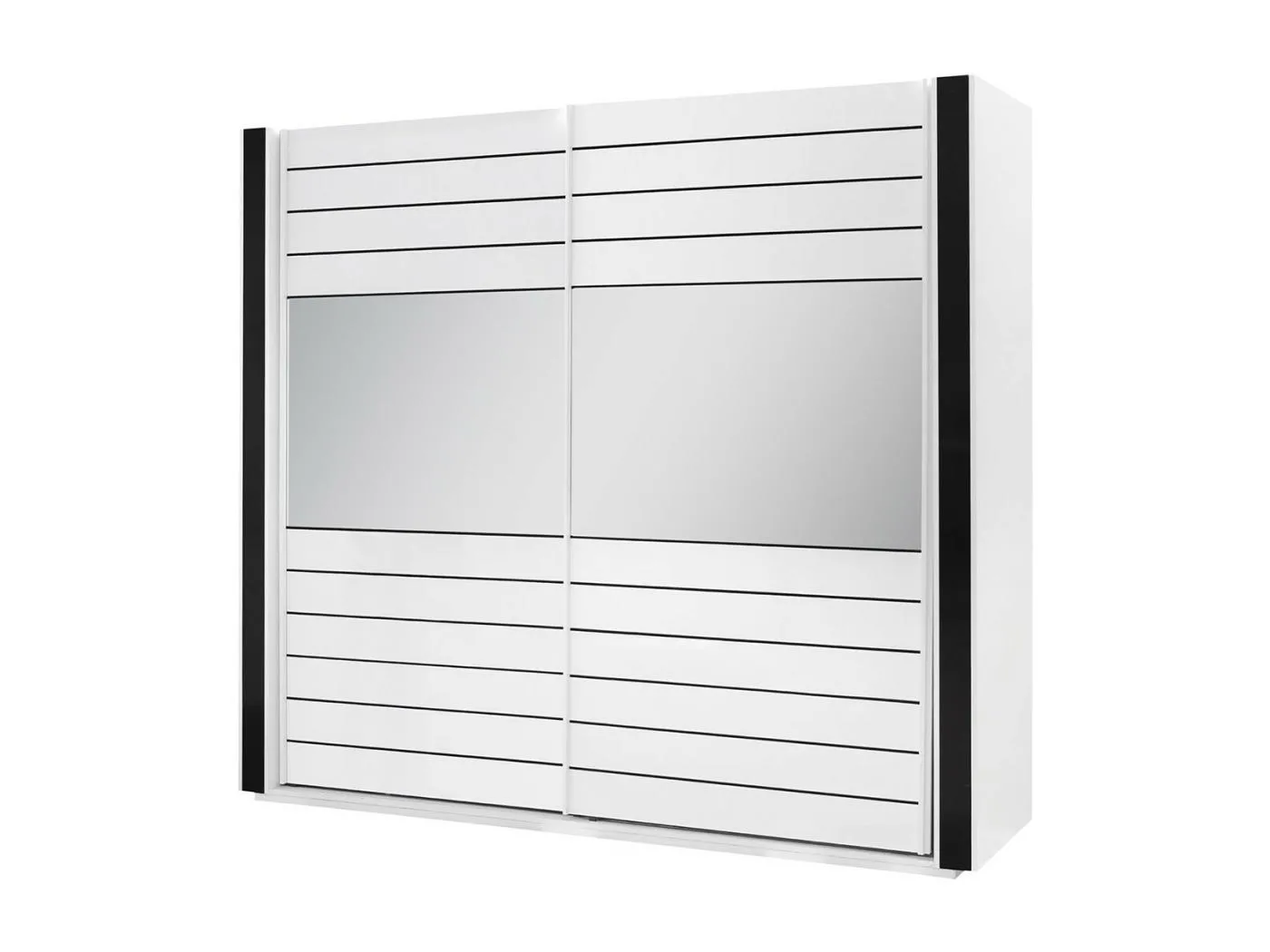 Weißer und schwarzer Kleiderschrank LINA – 220 x 225 x 68 cm mit 2 großen Kleiderstangen und 2 großen Spiegeln