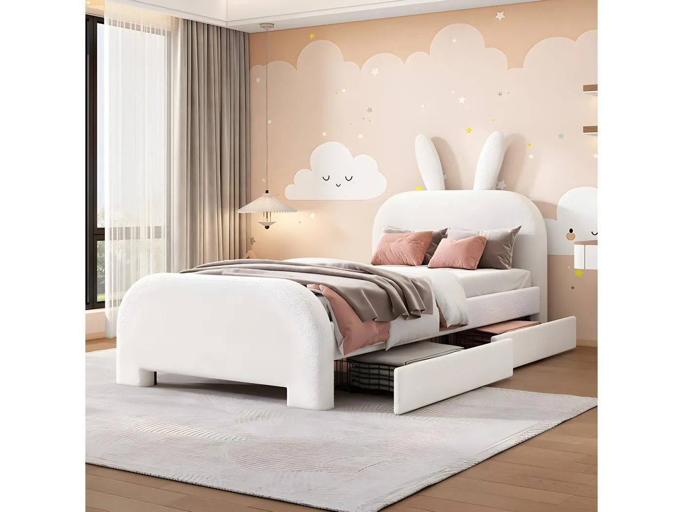 90*200cm Flaches Bett, gepolstert, Schafwolle resistent, Cartoon Kaninchenform, zwei Schubladen,Weiß