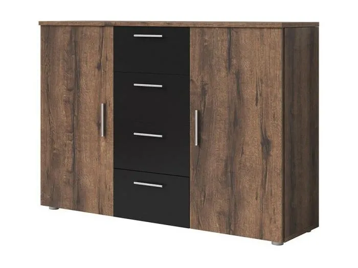 Kommode mit 2 Türen und 4 Schubladen 130cm. Kollektion IRINA in dunkler Eichen- und schwarzer Nachbildung.