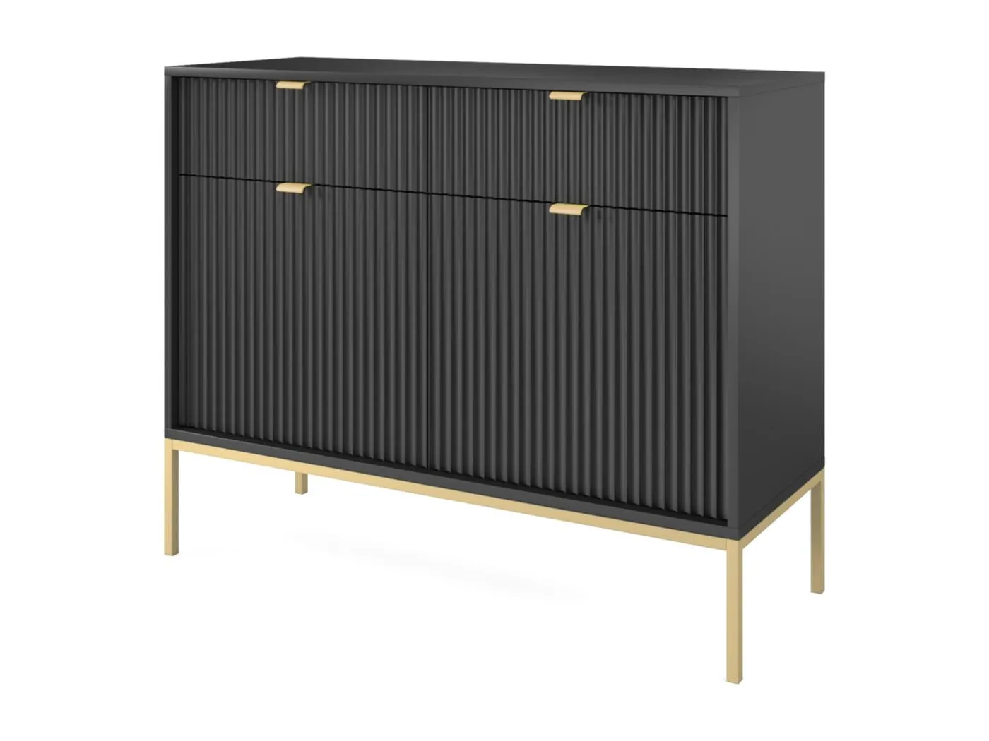 Sideboard Kommode 2-türig - 104 cm - mit 2 Schubladen, Schwarz mit geriffelten Fronten und goldenen Metallbeinen - VELLORE