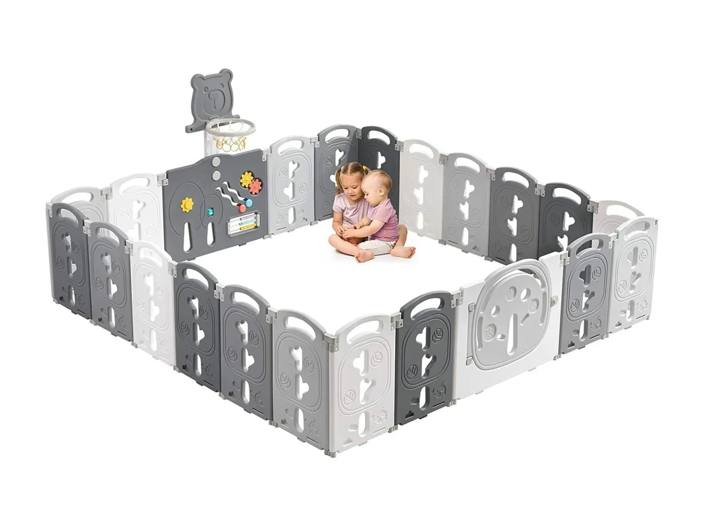 Yoleo großer faltbarer grauer faltbarer Babypark, 20+2 ökologische Kunststoffmodularplatten, mit Basketballkorb, 230x230x60 cm