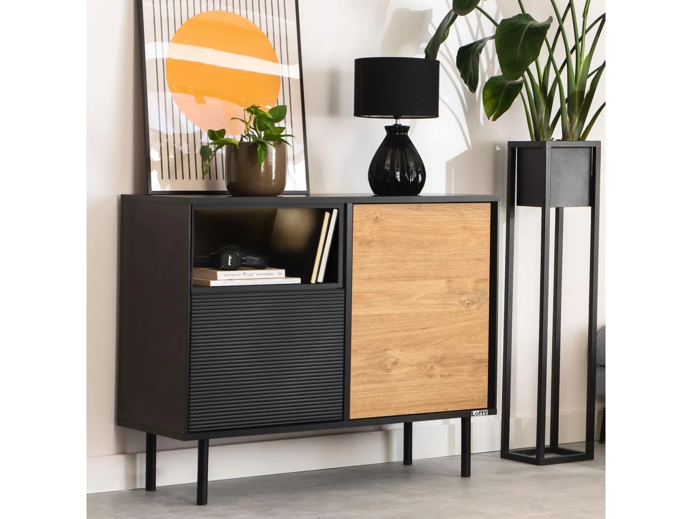 Kommode  Außenseiteneinlage - schwarz / Eiche natur - LOFTY