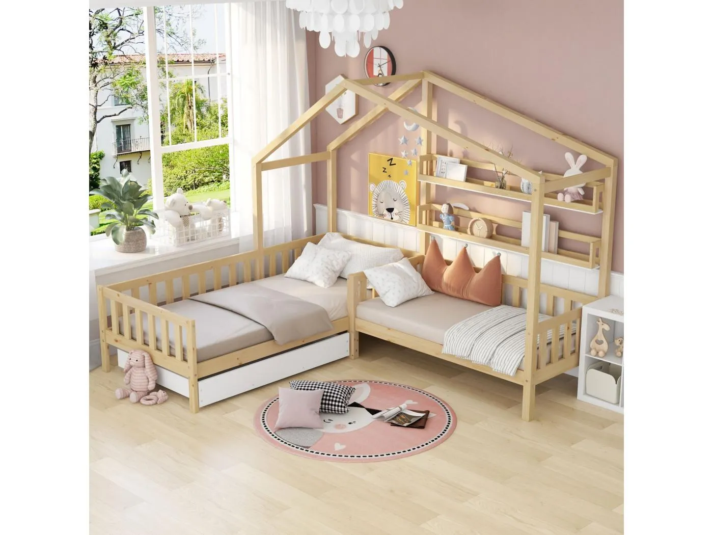 2-Sitzer-Kabinenbett mit Stauraum – 90 x 200 cm + 140 x 70 cm – Massivholz – natürliche Farbe