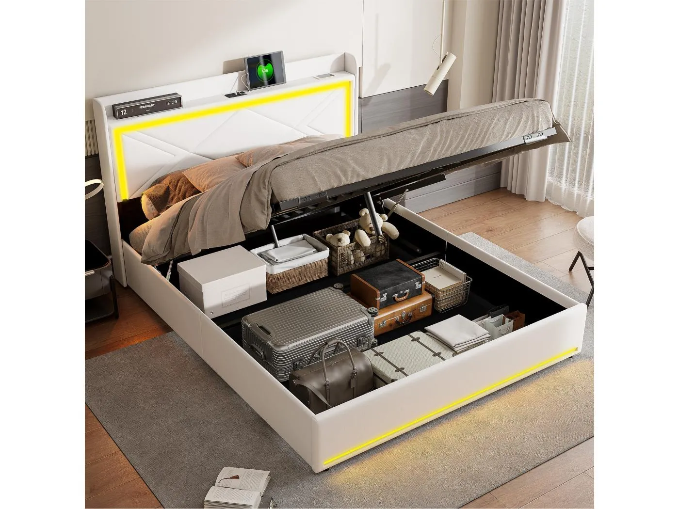 140x200cm Bett mit Stauraum aus Kunstlederstoff - mit LED- und USB-Anschlüssen - mit Lattenrost - Weiß