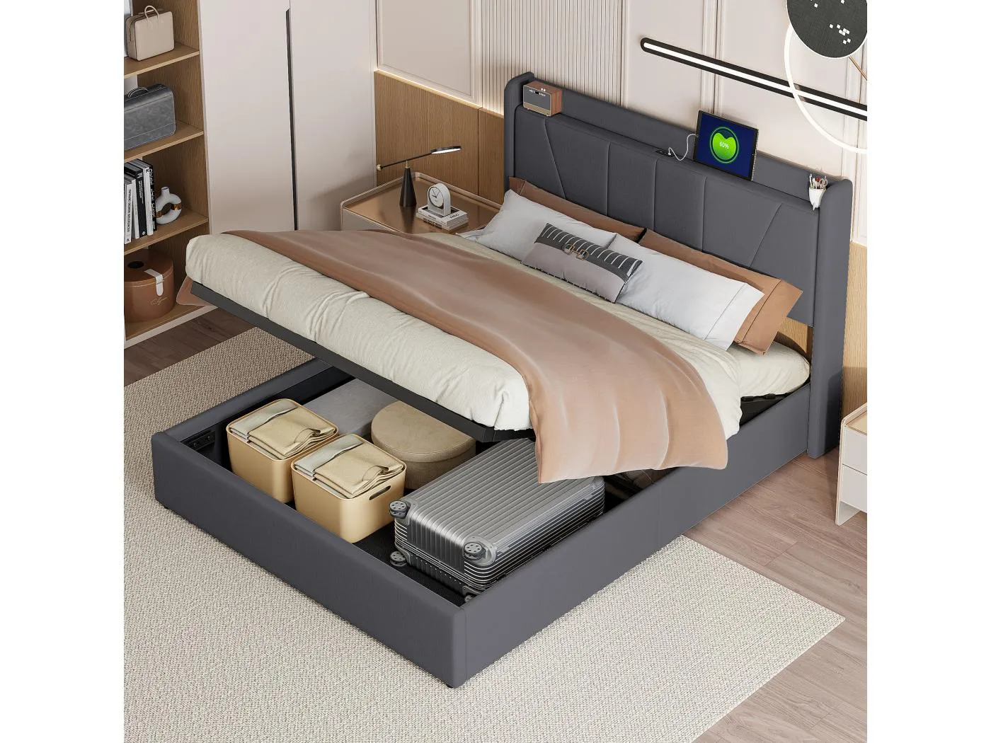 140 x 200 cm Bett mit Stauraum aus Leinenstoff mit USB-Anschluss – Kopfteil und Lattenrost – Grau
