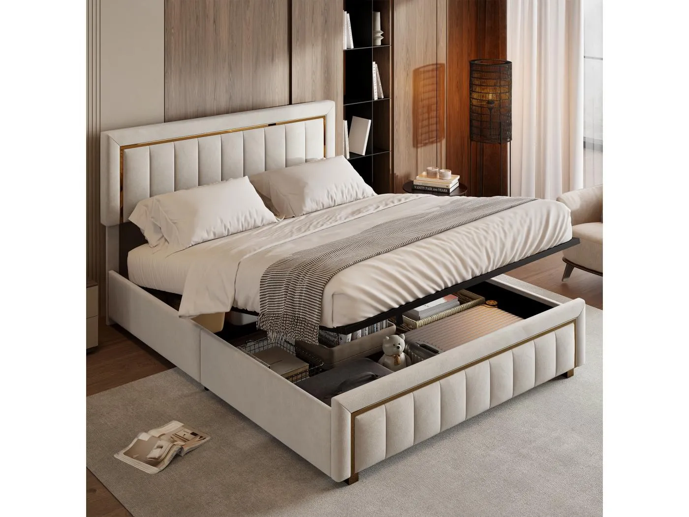 140x200cm Samtbett mit Stauraum - funktionales Bett mit Stauraum - Doppelbett - Lattenrost und hydraulischer Stauraumbox - beige