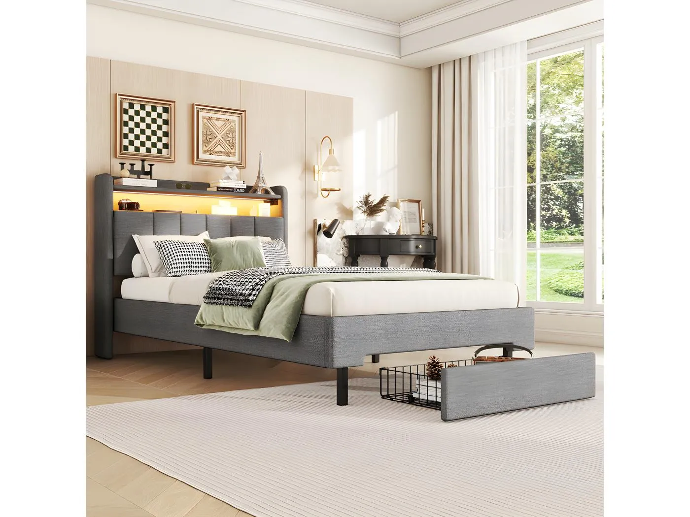 90*200 cm Flachbett mit Polsterung, LED-Wärmelampe, USB-Steckdose, integriertes Staufach, Bettschubladen, grau