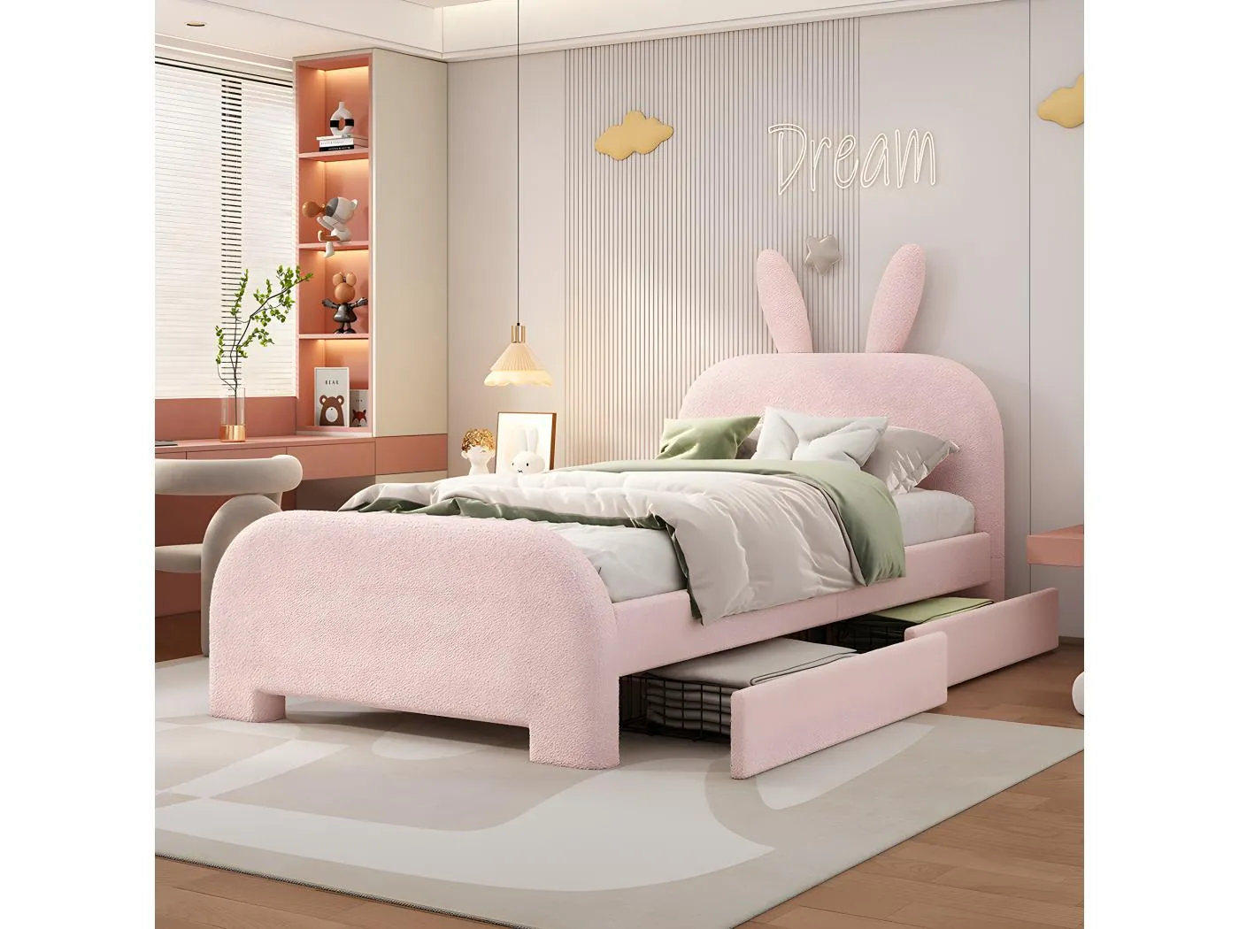 90*200cm Flaches Bett, gepolstert, Schafwolle resistent, Cartoon Kaninchenform, zwei Schubladen, rosa