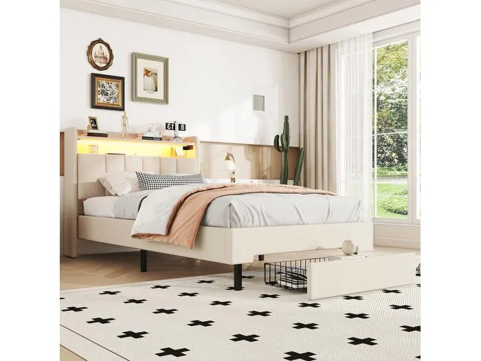 90*200cm Flachbett, Polsterbett, LED-Wärmelampe, USB-Steckdose, aufklappbares Kopfteil, eingebautes Staufach, Bettkästen, beige