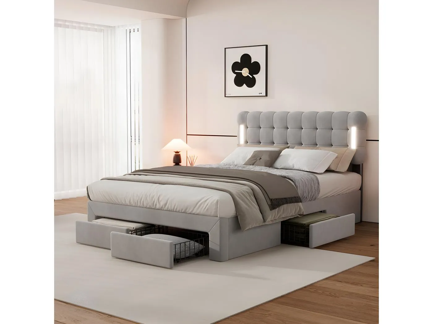 140*200 cm flaches Polsterbett mit Beleuchtung an beiden Seiten des Bettes und vier Schubladen am Ende des Bettes, grau