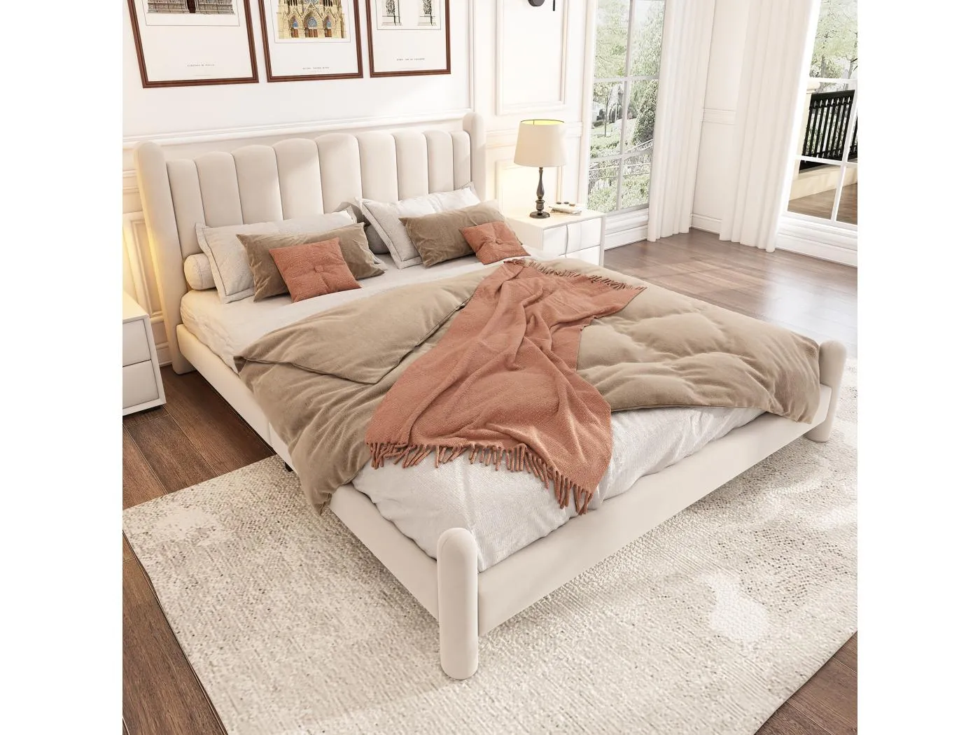 Polsterbett 180 x 200 cm mit Kopfteil – Samtbett für Erwachsene – Fächerform – Beige