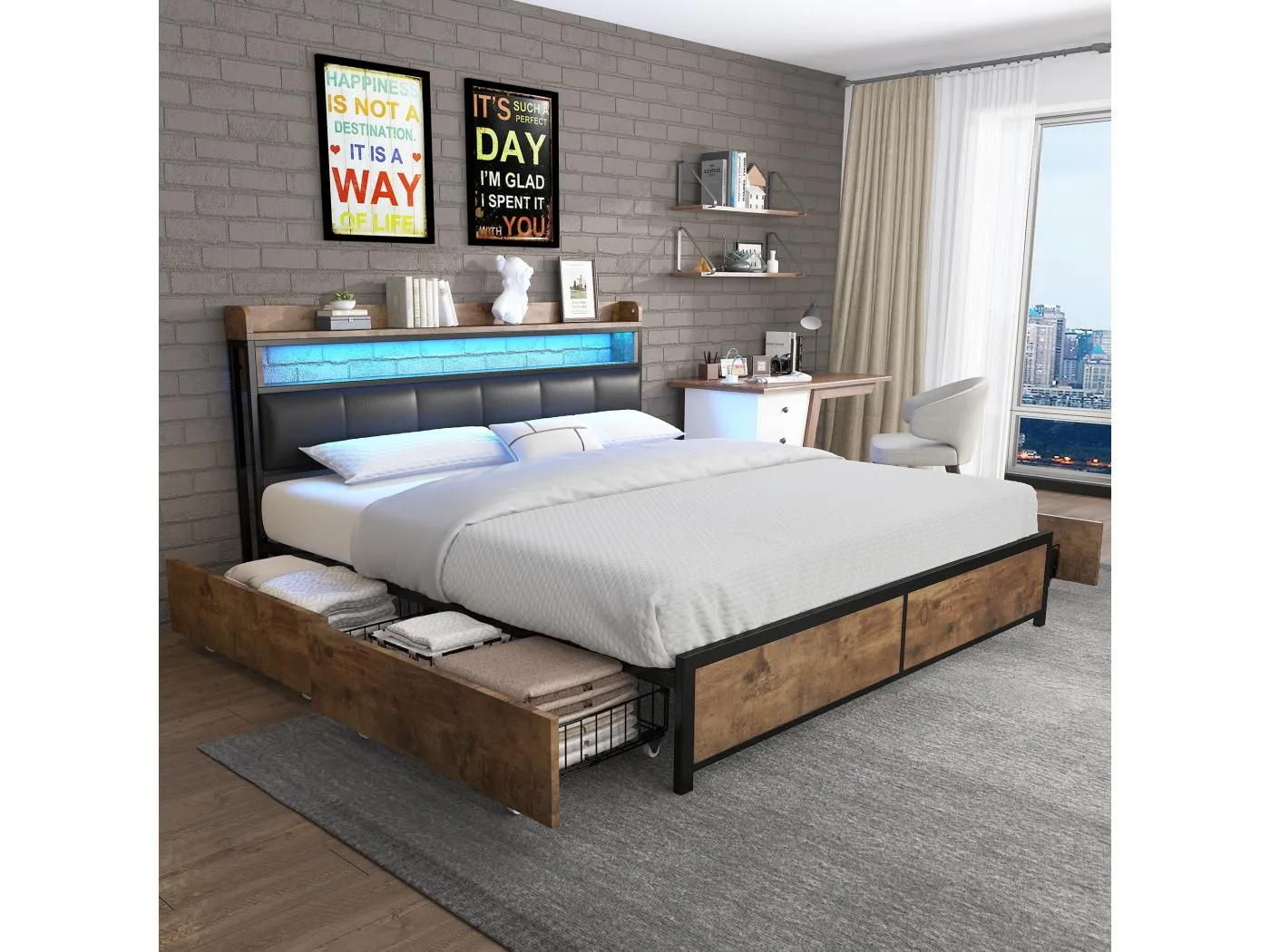 Polsterbett 140 x 200 cm mit 4 Schubladen und Kopfteil – LEDs – Metall, Holz und PU-Leder – Schwarz und Holzfarben