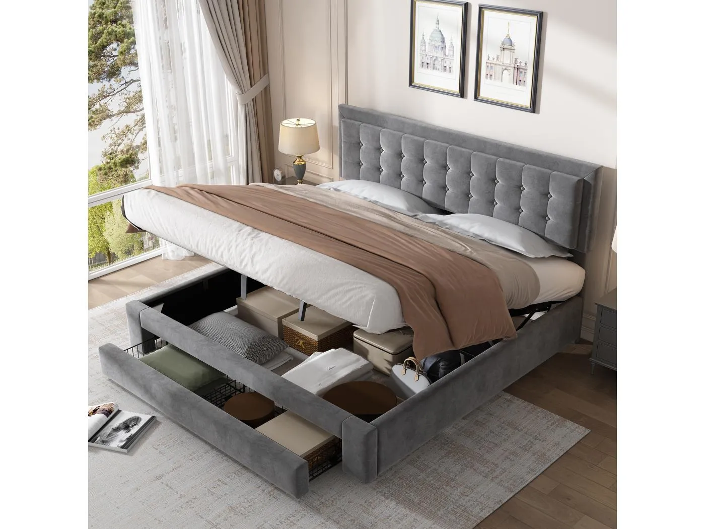 Stauraumbett 180 x 200 cm mit Kopfteil und großer Schublade – Samt – Lattenrost – Farbe Grau