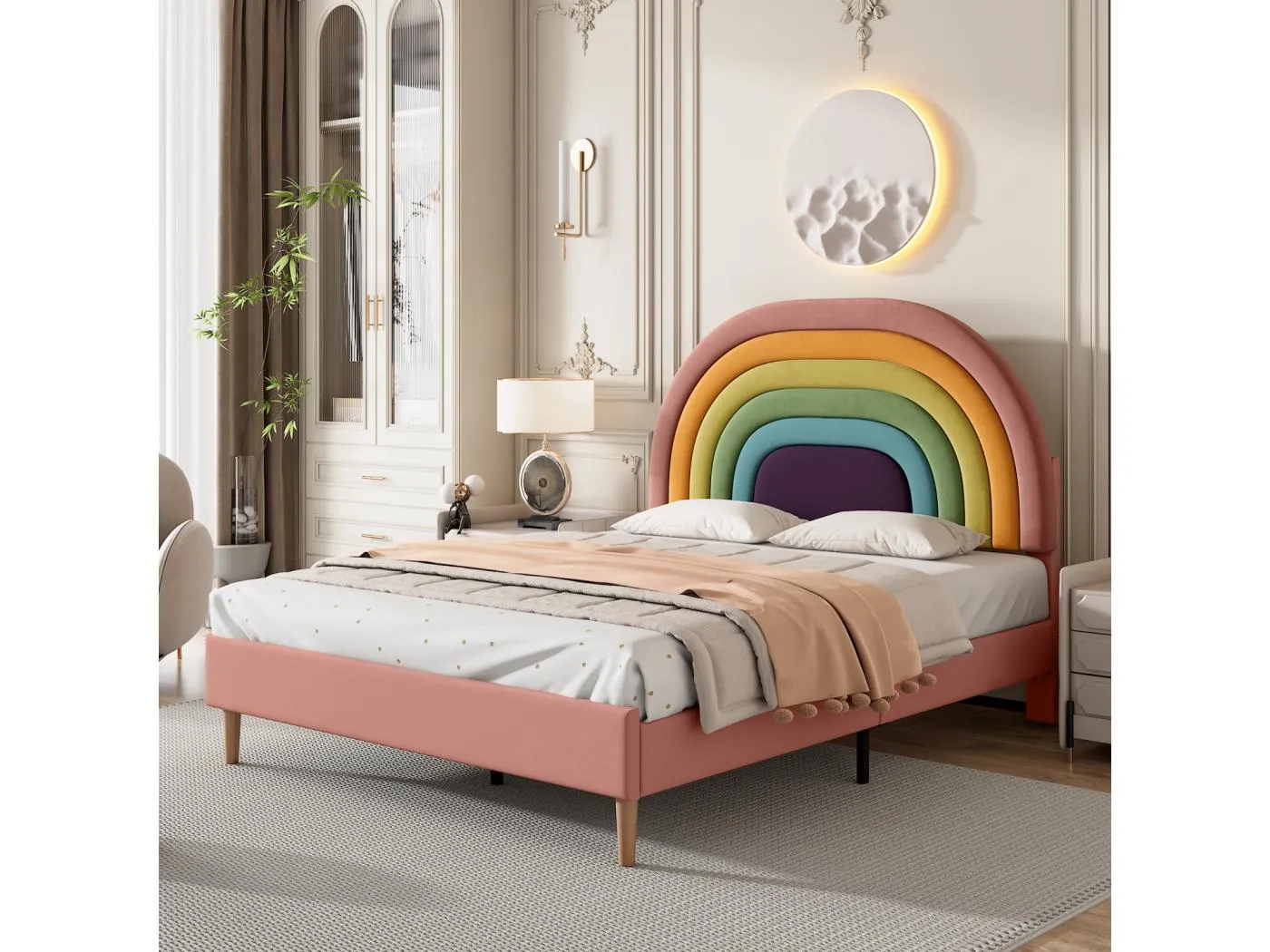 140 x 200 cm großes, gepolstertes Erwachsenenbett mit Lattenrost aus Holz und verstellbarem, regenbogenförmigem Kopfteil – rosa Samtbett