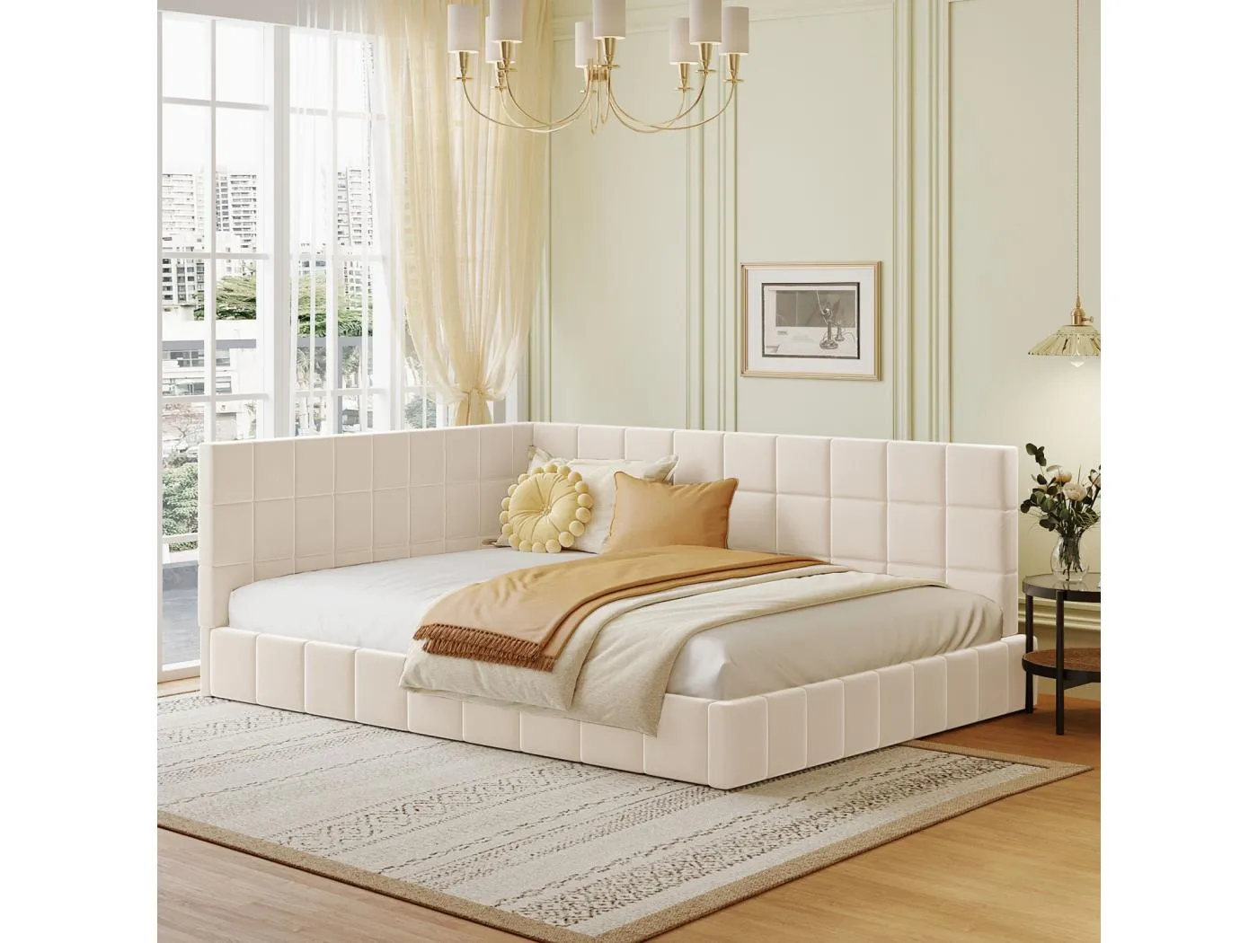 140x200cm gepolstertes Ausziehbett, Schlafsofa, Lattenrost, Erwachsenenbett, Samt, Beige