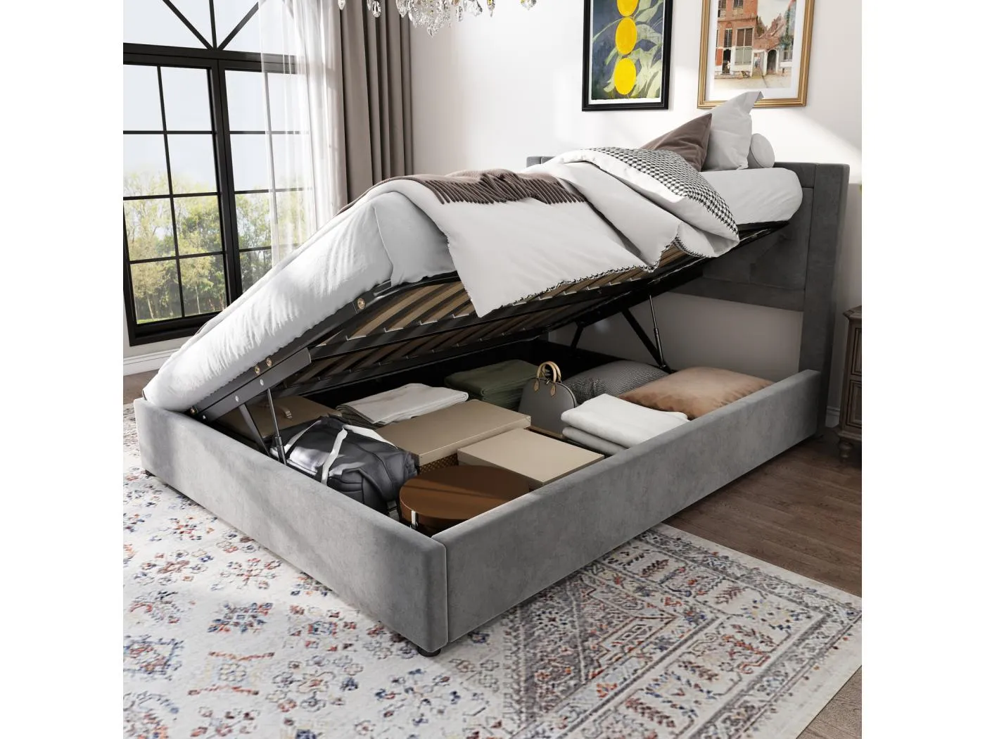 140x200cm Bettkastenbett, Doppelbett mit einseitigem Hubbett, Chesterfield-Stil, schaumstoffgefülltes Kopfteil - grau