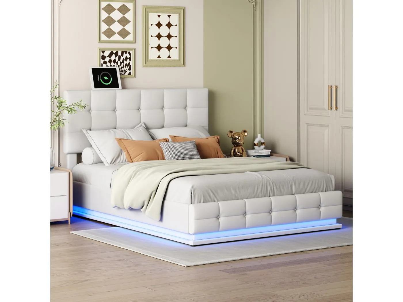 140x200 cm Bett mit Stauraum, quadratischem Kopfteil, LED-Beleuchtung und Bettkasten, hydraulischer Lift, Lattenrost, modernes Bett für Erwachsene, Kunstleder – Weiß