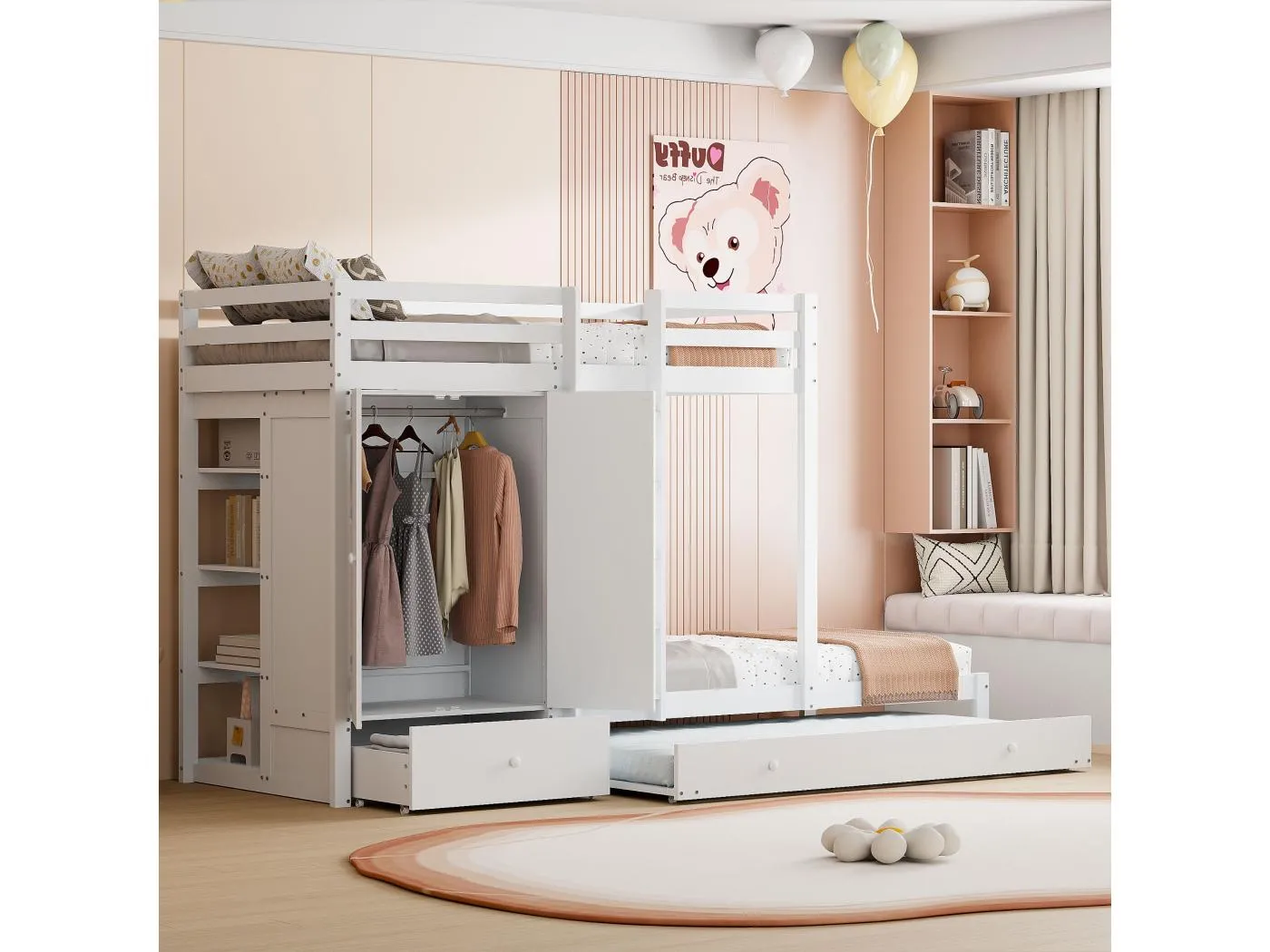 90*200 Massivholzlampe mit Tischlampe, multifunktionale Kinderlampe mit Kleiderschrank, Drehtüren und Einrichtungsgegenständen, gris