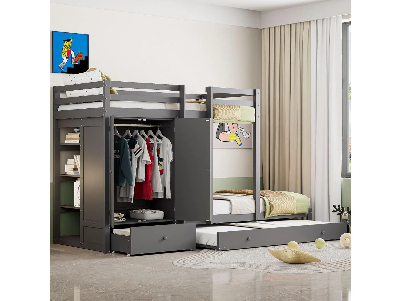 90*200 Lit superposé en bois massif avec lit escamotable, lit d'enfant multifonctionnel avec armoire, tiroirs et compartiments de rangement, blanc