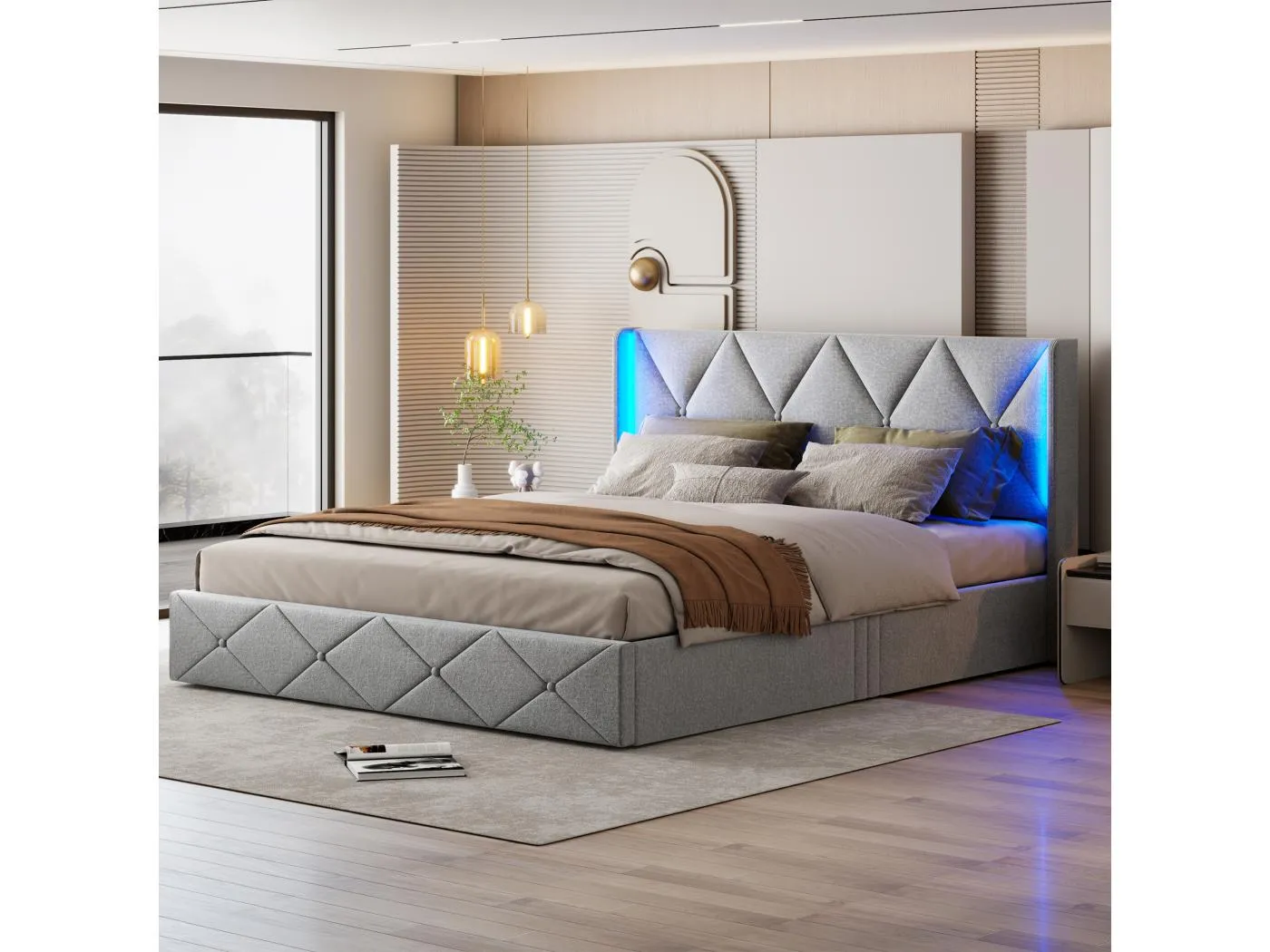 140x200 Stauraumbett mit LED, Samt Polsterbett Doppelbett Stauraumbett Polsterbett Bettgestell Erwachsenenbett, Grau
