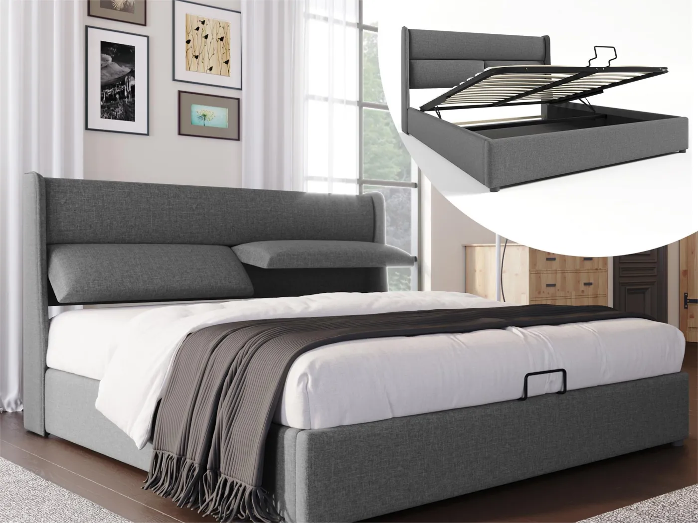 Stauraumbett 140 x 200 cm – Leinenstoff – verstellbare Kopfstützen – graue Farbe