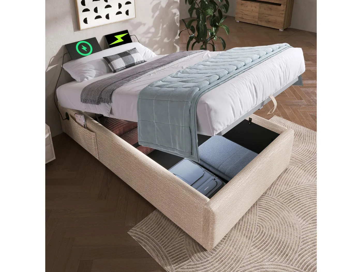Stauraumbett 90 x 190 cm ohne Kopfteil – 2 Seitentaschen und USB + Typ-C-Steckdosen – Leinenstoff – Beige (ohne Matratze)