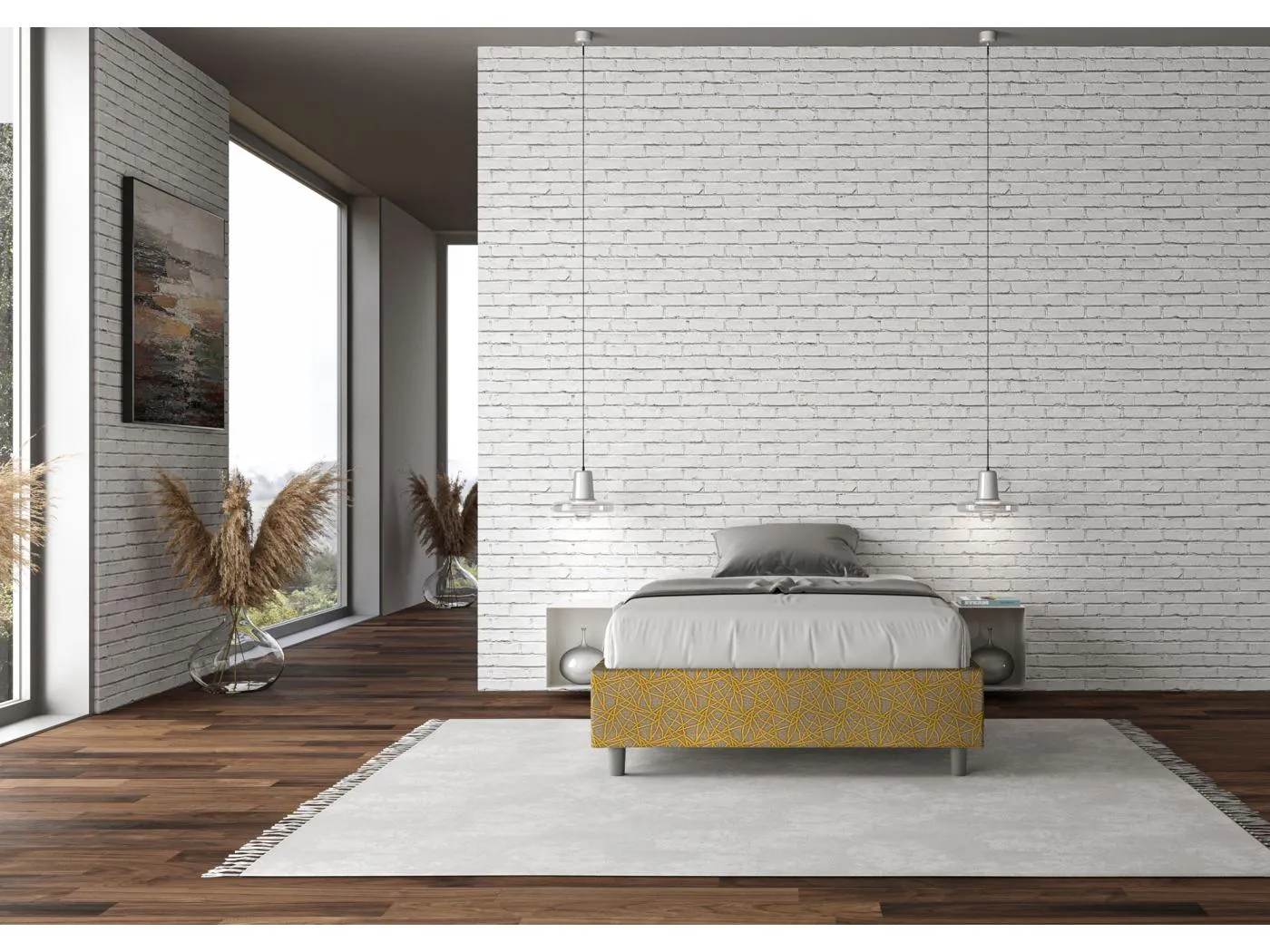 Gepolstertes Bett mit Bettkasten 120x210 mit Stoffbezug Era 6 Gelb Azelia