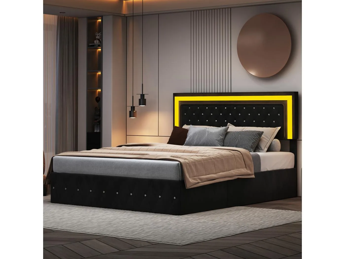 140x200 cm Samtbett mit Stauraum - mit LED und Lattenrost - Doppelbett mit Stauraum - mit höhenverstellbarem Kopfteil - Schwarz