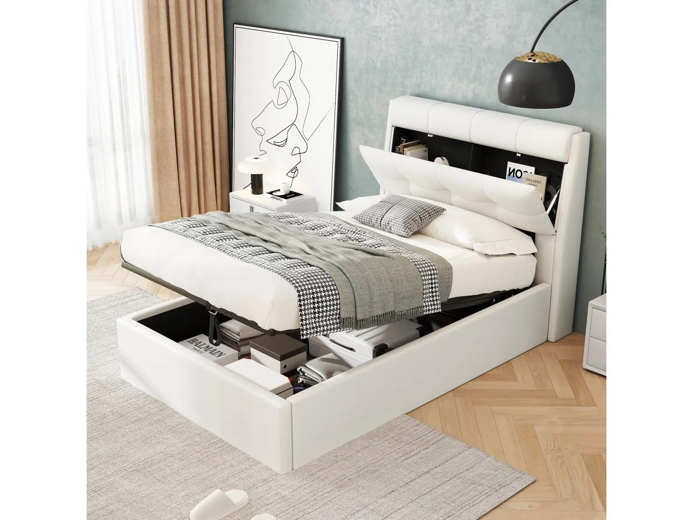 Stauraumbett 90 x 200 cm mit Stauraum-Kopfteil - LEDs - PU-Leder - Weiß (ohne Matratze)