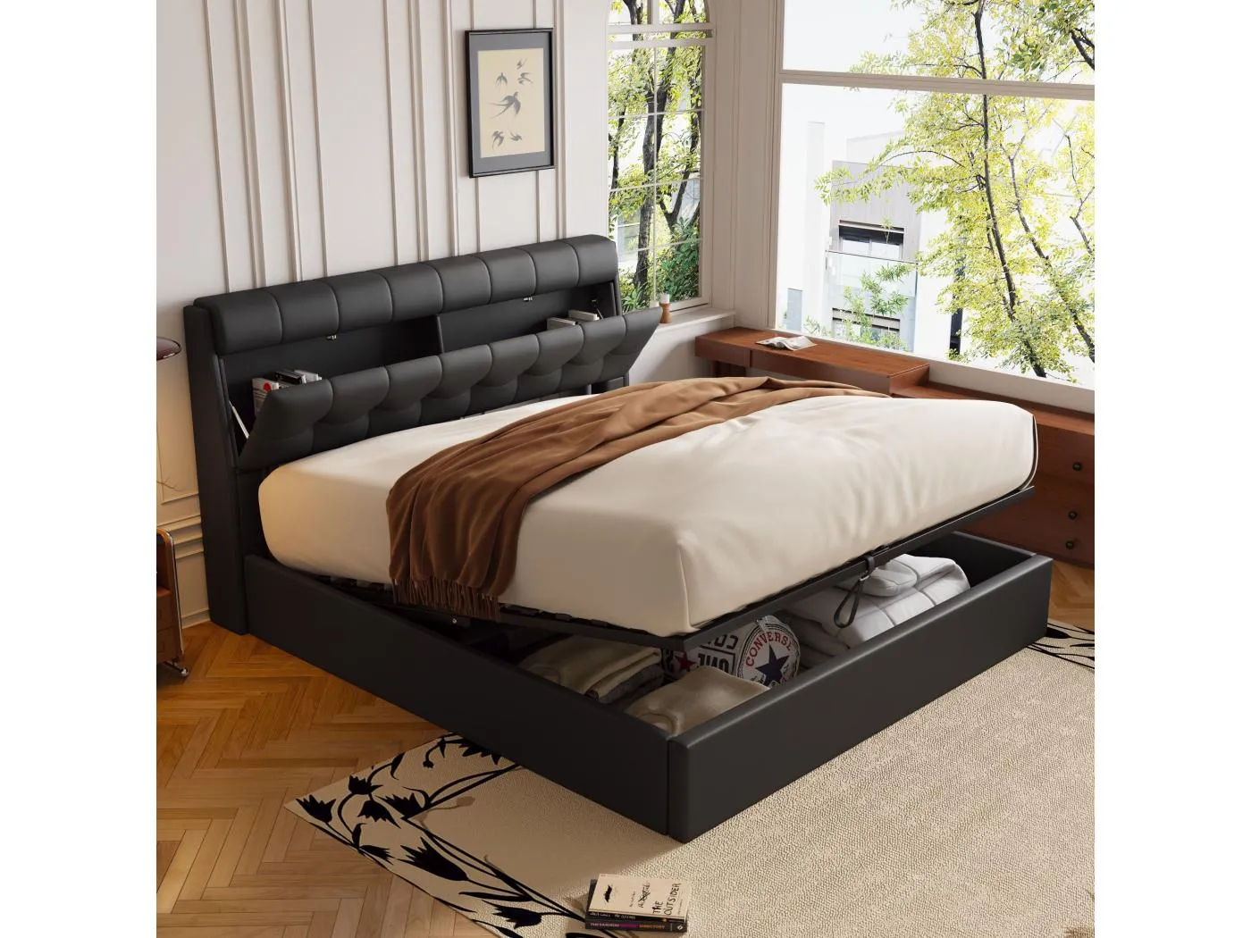 140 x 200 cm Stauraumbett mit Stauraum-Kopfteil - LEDs - PU-Leder - Schwarz (ohne Matratze)