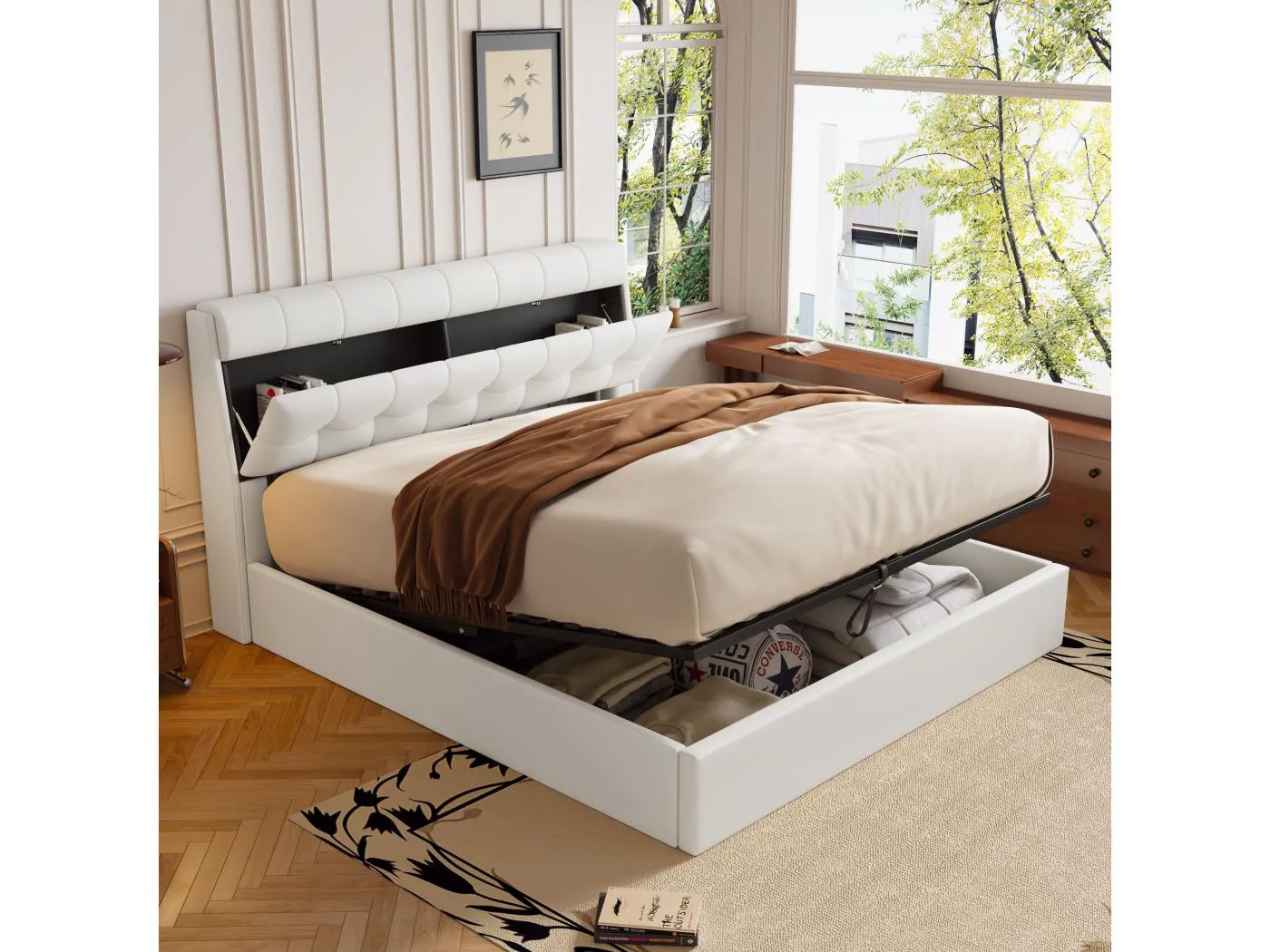 140 x 200 cm Bett mit Stauraum-Kopfteil - LEDs - PU-Leder - Weiß (ohne Matratze)