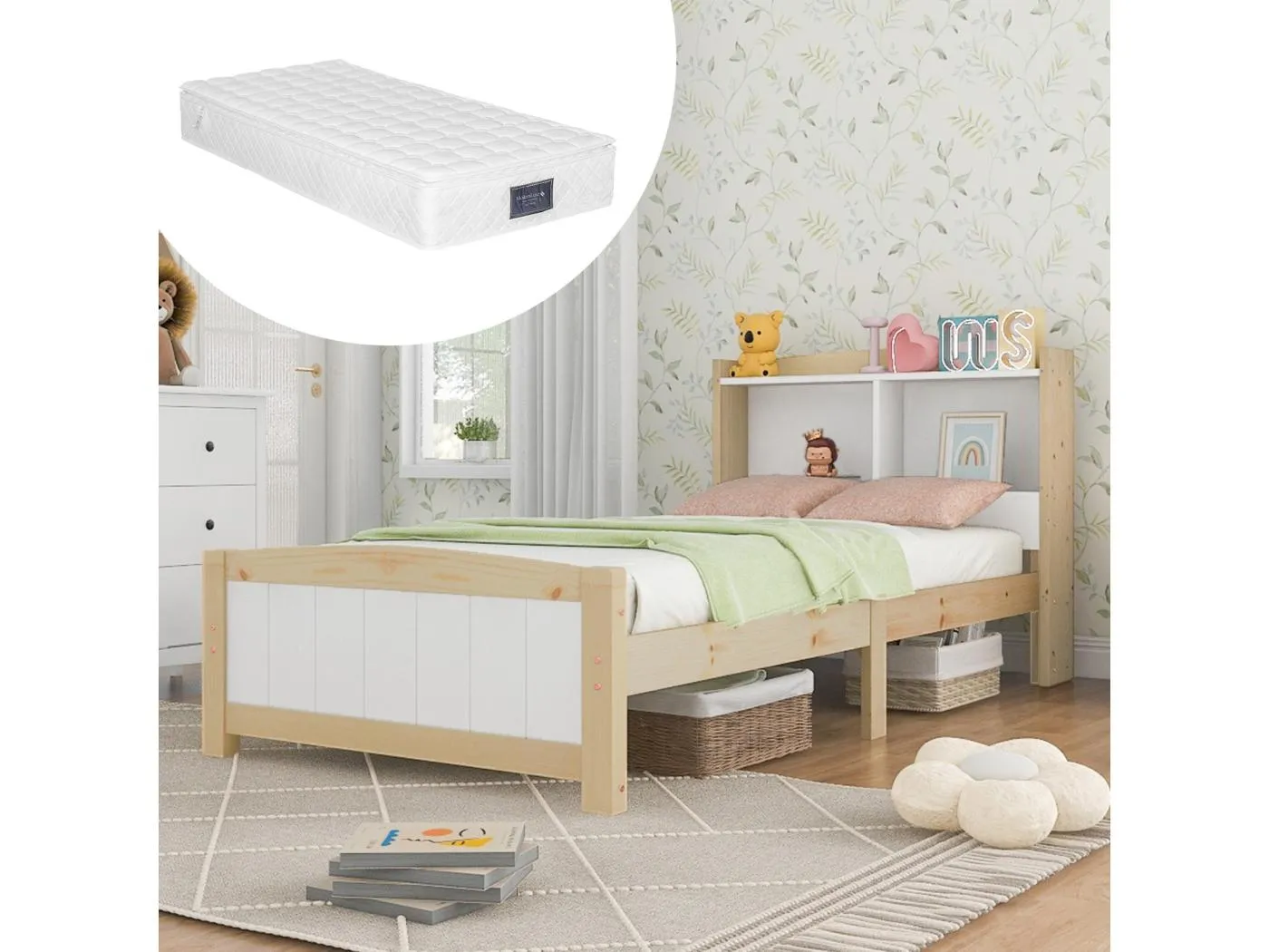 Bett mit Kopfteil mit Stauraum und Matratze - 90x200 cm - aus Massivholz - Einzelbett - Weiß und Natur