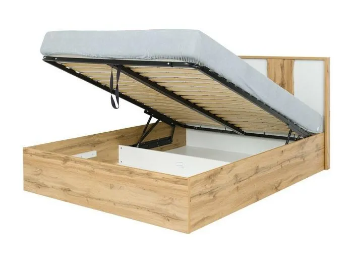 Bett mit Stauraum 180x200 + LED WOOD Eichenfarbe und Alpinweiß