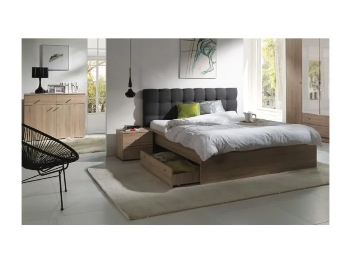 Schlafzimmer-Set MAXIM. Doppelbett 160x200 cm + Schublade + Lattenrost + zwei Nachttische + Kommode