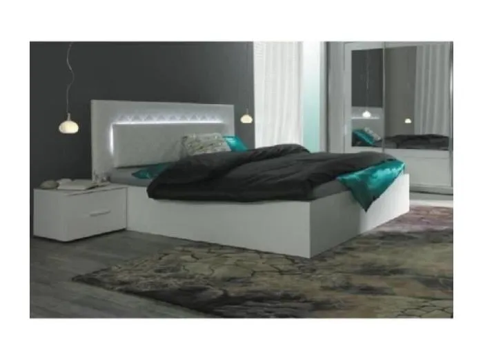 Designerbett 160 x 200 mit LED + 2 Nachttische PANAREA in Weiß.