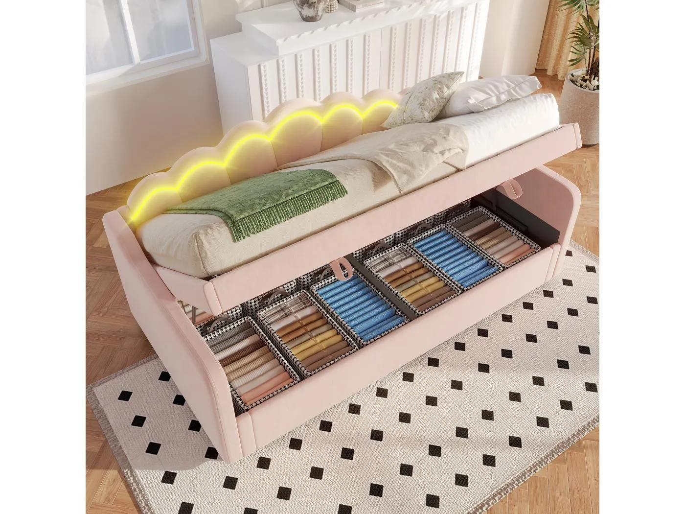 Stauraumbett - 90 x 200 cm - Schlafsofa mit LEDs - ohne Matratze - Samt + MDF - rosa