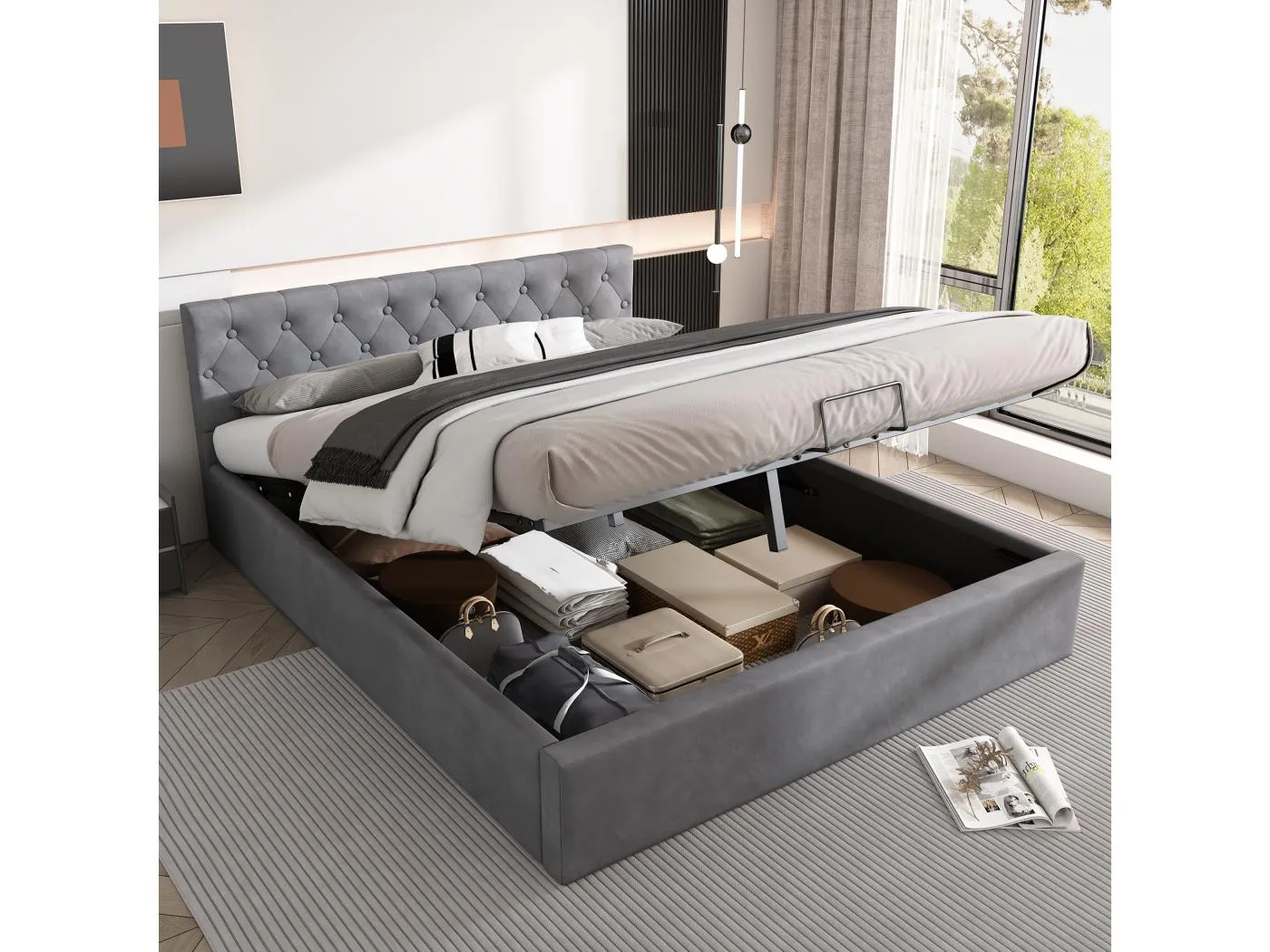 140 x 200 cm Bett mit Stauraum – Lattenrost und Kopfteil – skandinavischer Stil – Samt – Farbe Grau