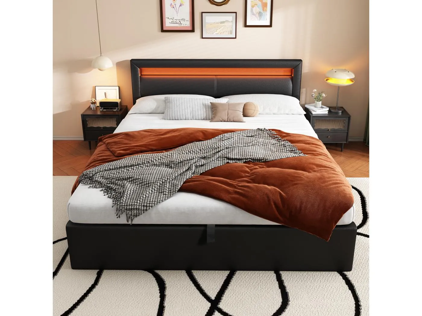 140 x 200 cm Stauraumbett aus Kunstleder mit Lattenrost und LED-Beleuchtung, moderner Stil, schwarz - Merax