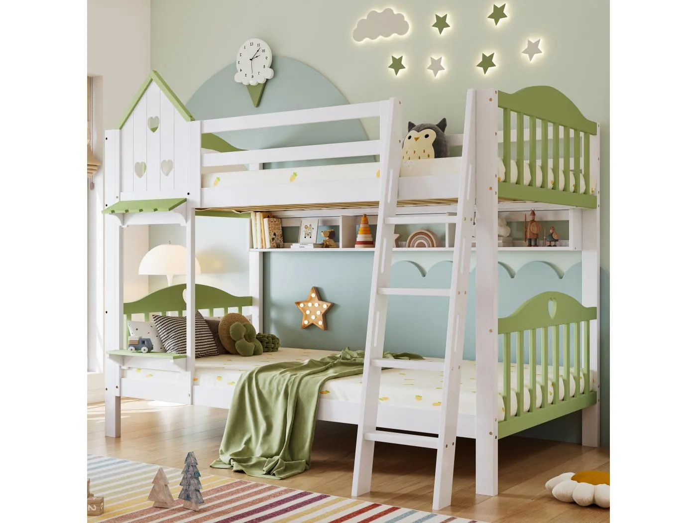Kinder-Etagenbett - 2 x 90 x 200 cm - mit Dach und Fenster - Stauraum + Leiter - Kiefer + MDF - weiß + grün