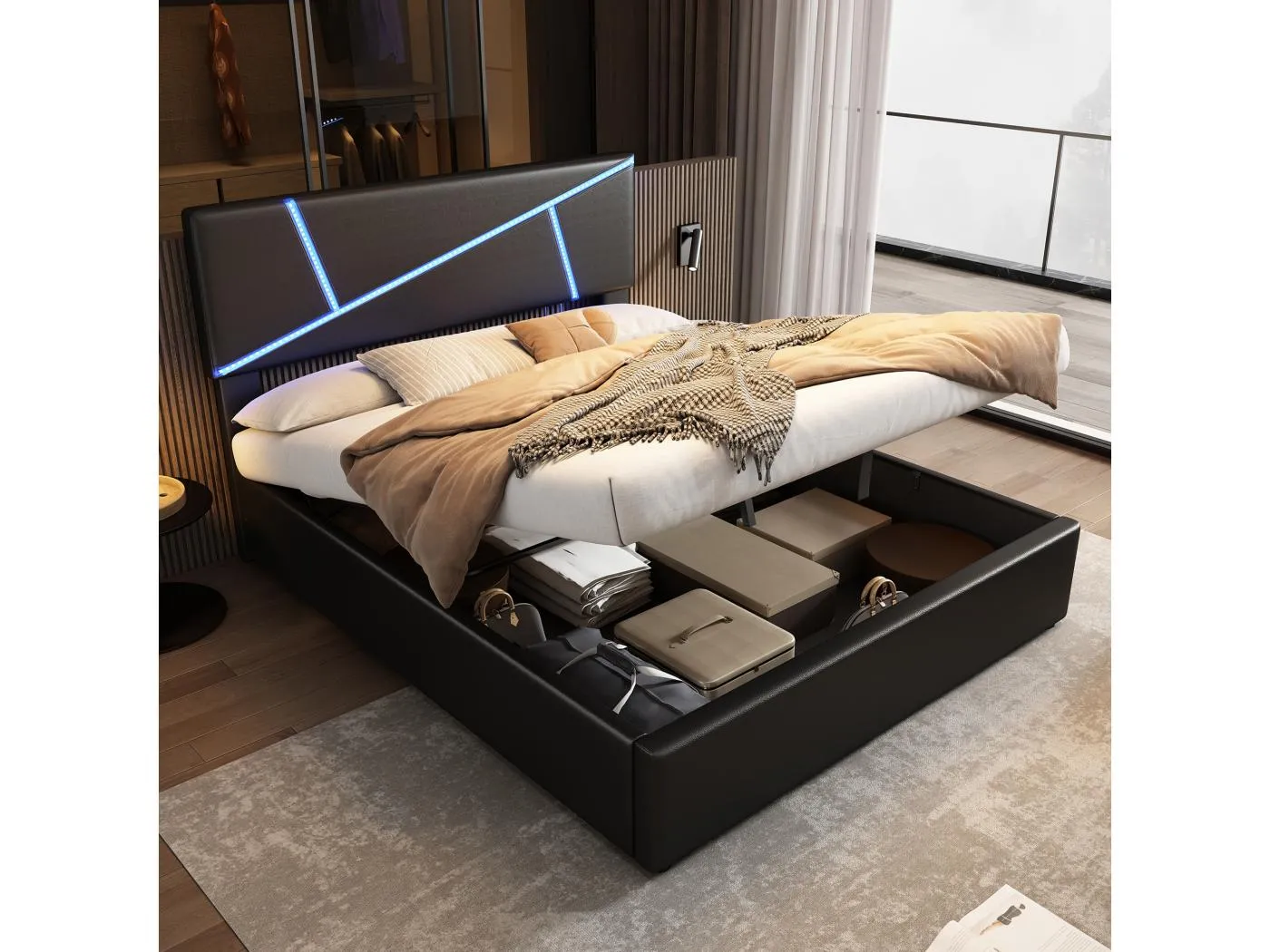 Polsterbett mit Stauraum - 90 x 200 cm - mit LEDs und Rückenlehne - Kunstleder - schwarz