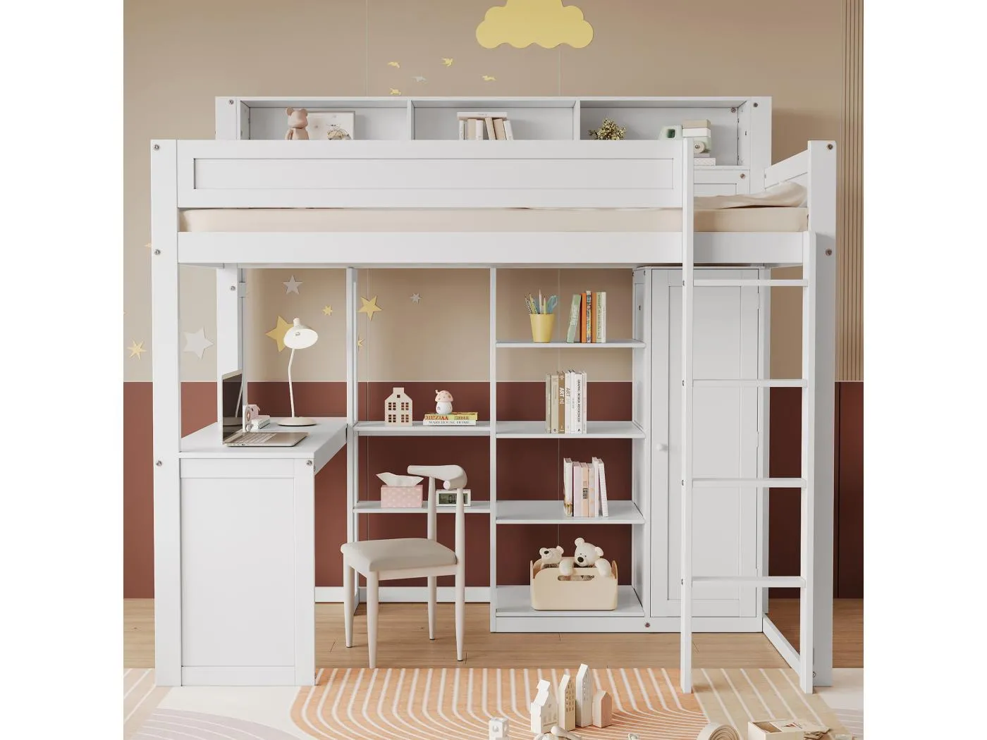 Kinderhochbett mit Kleiderschrank - 90 x 200 cm - mit Stauraum und Schreibtisch - Kiefer + MDF + Sperrholz - weiß