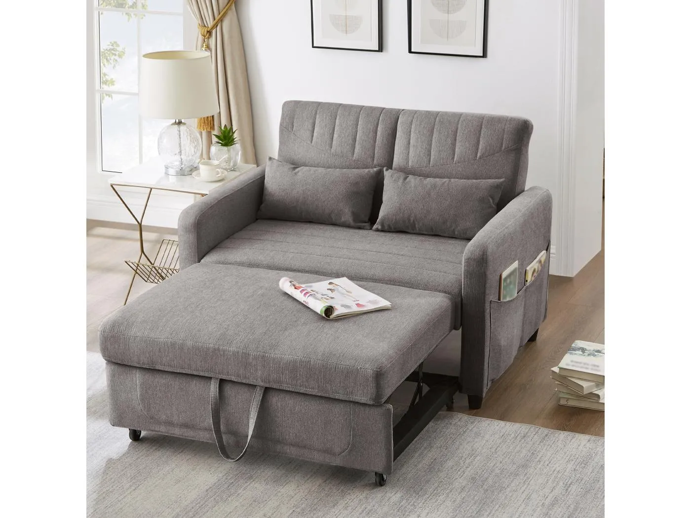 Ausziehbares Klappsofa mit 2 Sitzplätzen – 95 x 120 cm – verstellbare Rückenlehne – Stoff aus Baumwolle und Leinen – Grau