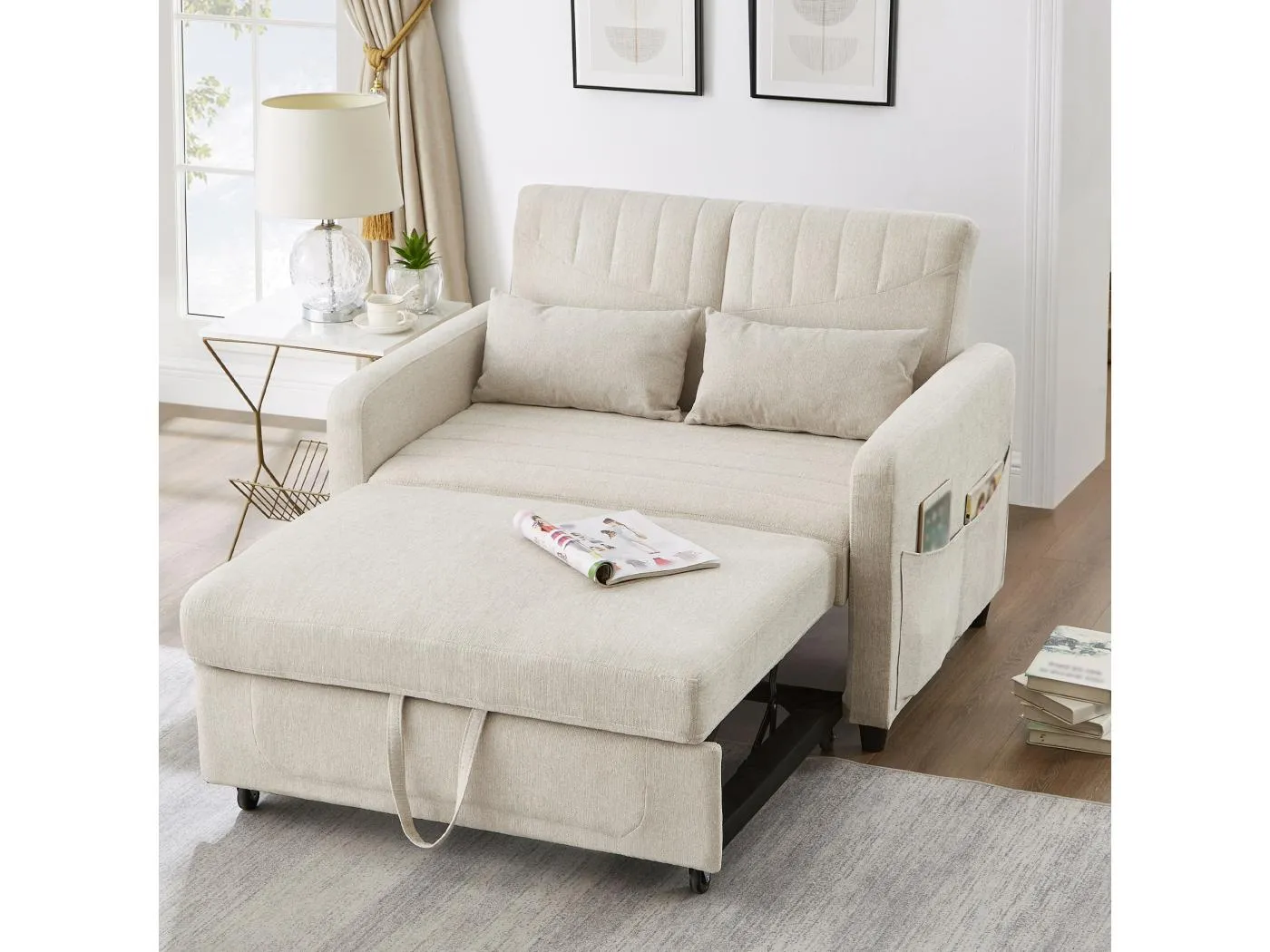 2-Sitzer-Klappsofa, ausziehbar, 95 x 120 cm, verstellbare Rückenlehne, Stoff aus Baumwolle und Leinen, Beige