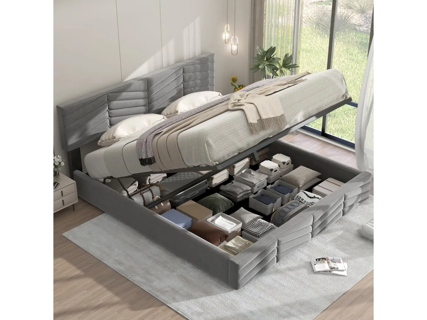 160 x 200 cm Bett mit Stauraum – grauer Samtstoff – Polsterbett mit höhenverstellbarem Kopfteil – ohne Matratze