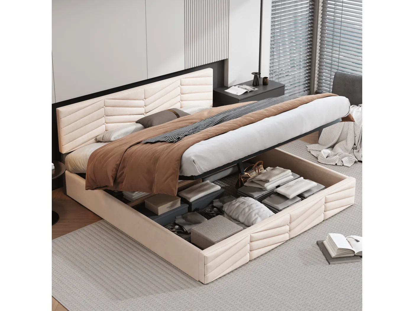 160 x 200 cm Bett mit Stauraum – beigefarbener Samtstoff – Polsterbett mit höhenverstellbarem Kopfteil – ohne Matratze