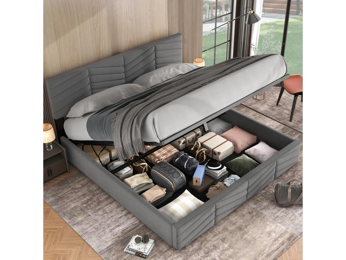 180 x 200 cm Bett mit Stauraum – grauer Samtstoff – Doppelbett mit verstellbarem Kopfteil und Lattenrost – ohne Matratze