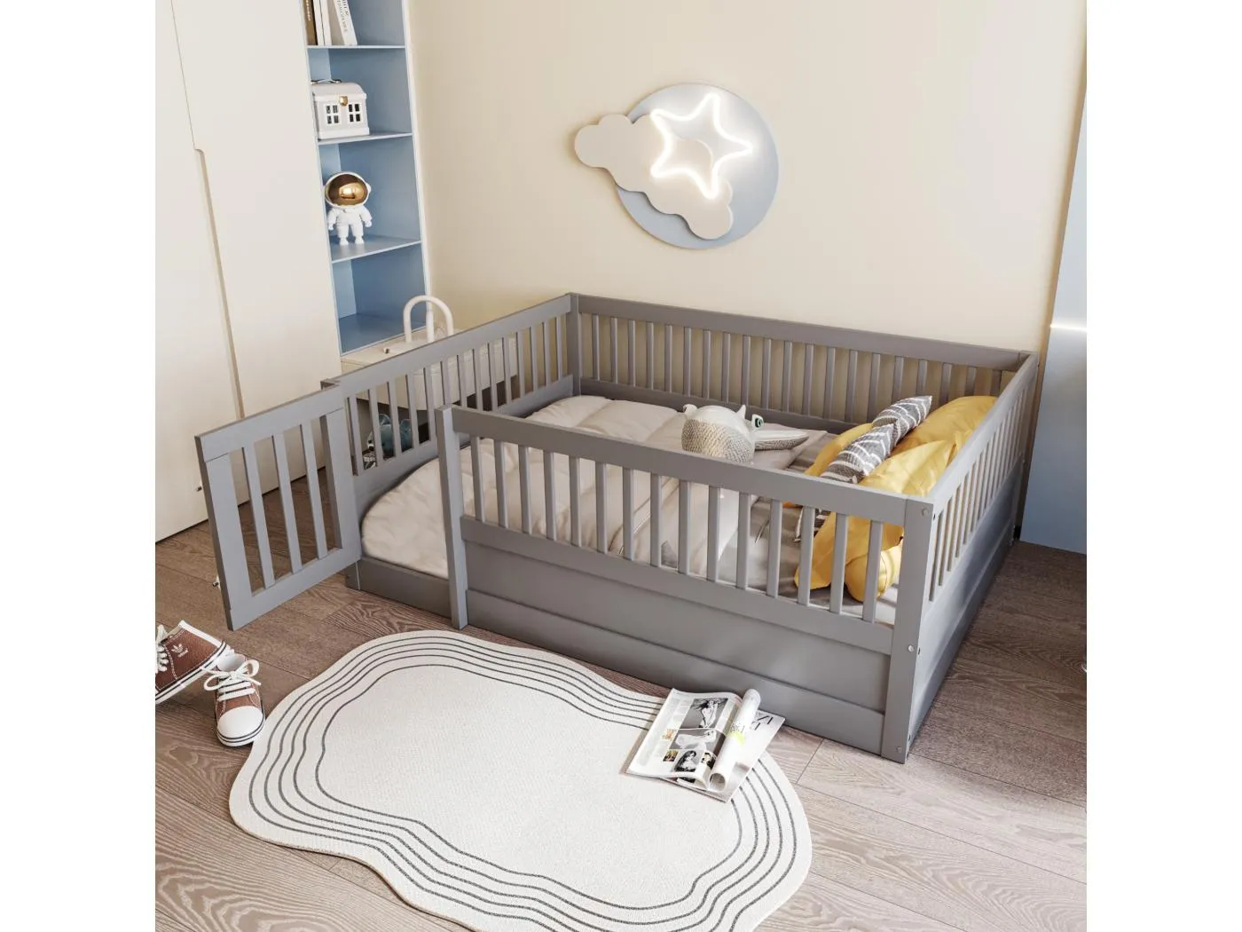 Kinderbett - 140 x 200 cm - ohne Lattenrost - Bettgestell mit Gitter und Tür - Kiefer + Sperrholz + MDF - grau