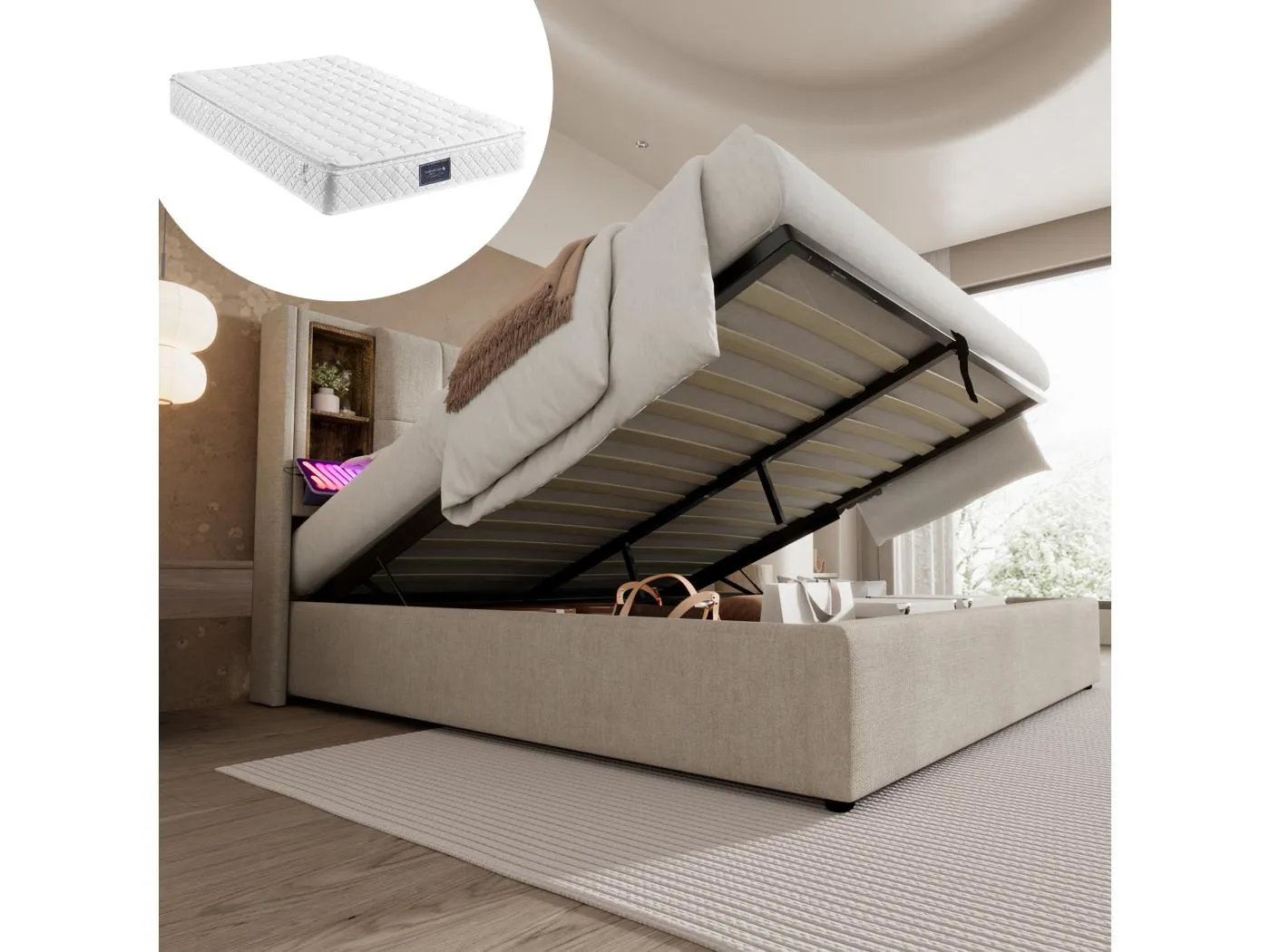 Gepolstertes Doppelbett mit Stauraum - 140 x 200 cm - Matratze + Kopfteil mit USB - Leinenstoff - natur